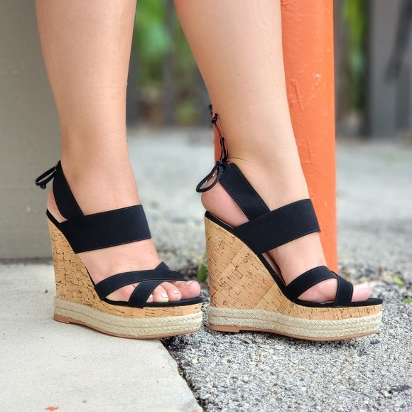 Women's Black Cork Wedge Espadrille High Heel Platform - Picture 2 of 5